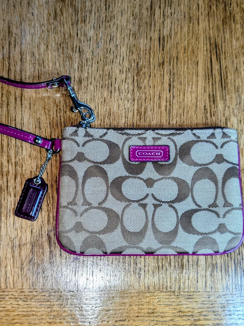 Coach Signature Canvas Wristlet in Tan with Pink Trim